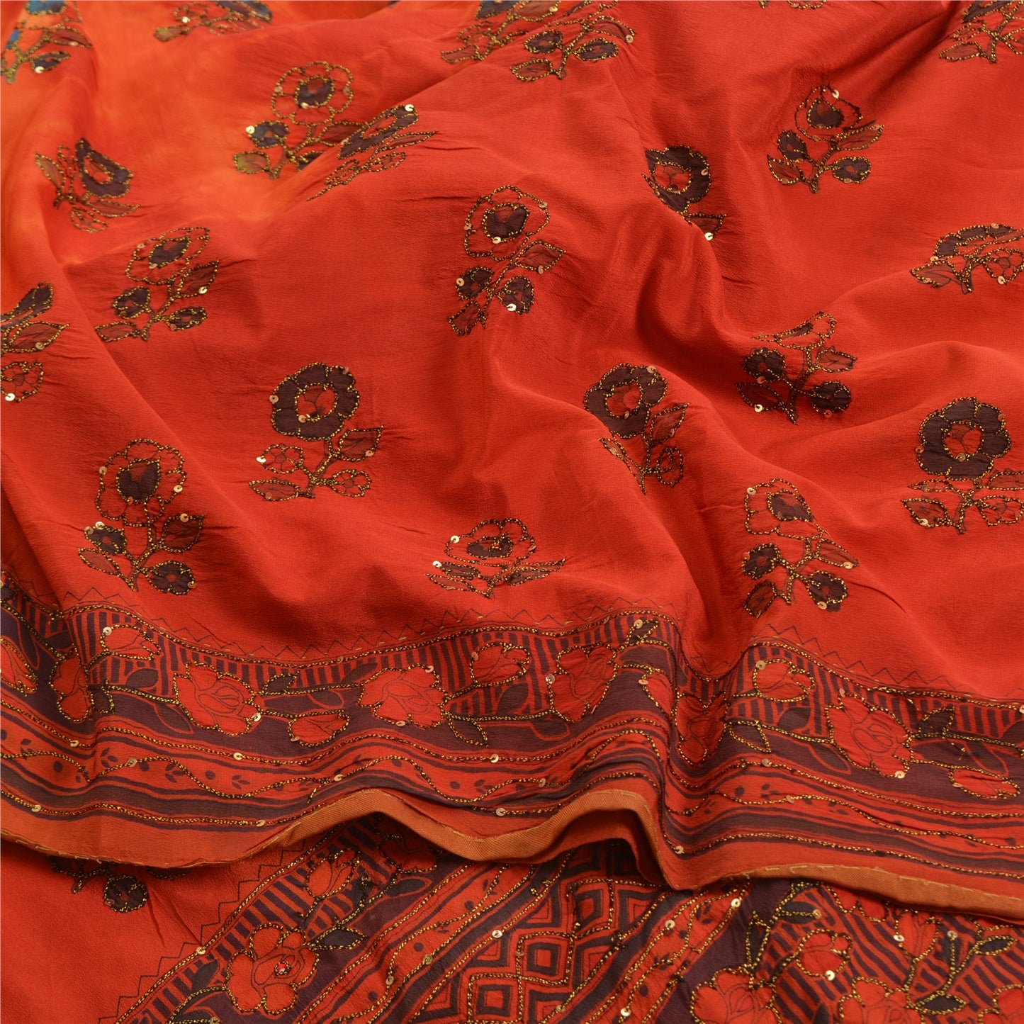 Sanskriti Vintage Sarees Indian Orange Hand Beaded Pure Crepe Sari Craft Sustainable Fabric