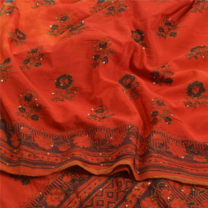 Sanskriti Vintage Sarees Indian Orange Hand Beaded Pure Crepe Sari Craft Sustainable Fabric