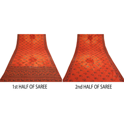 Sanskriti Vintage Sarees Indian Orange Hand Beaded Pure Crepe Sari Craft Sustainable Fabric
