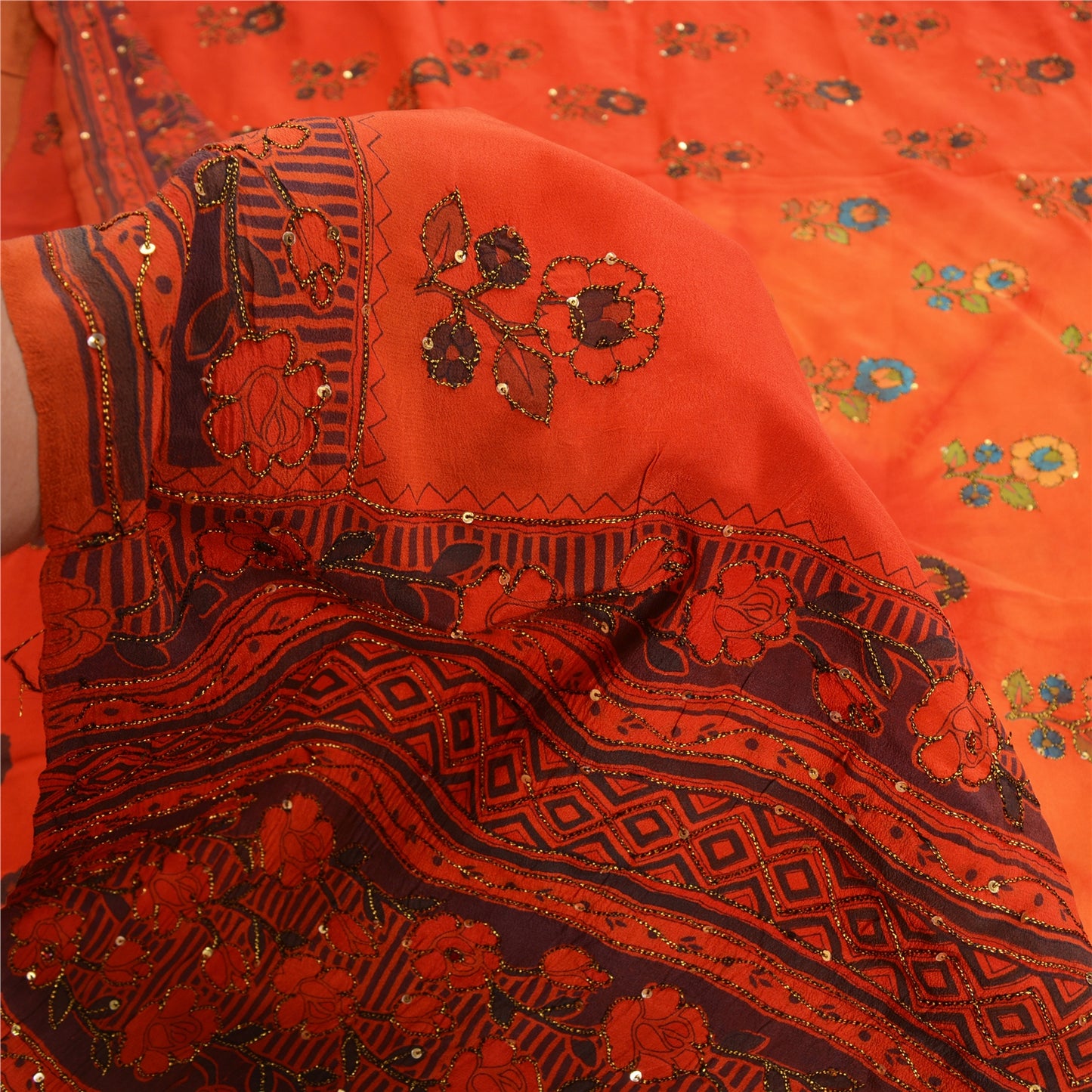 Sanskriti Vintage Sarees Indian Orange Hand Beaded Pure Crepe Sari Craft Sustainable Fabric