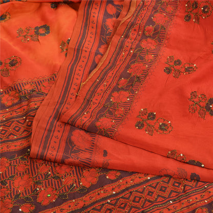 Sanskriti Vintage Sarees Indian Orange Hand Beaded Pure Crepe Sari Craft Sustainable Fabric
