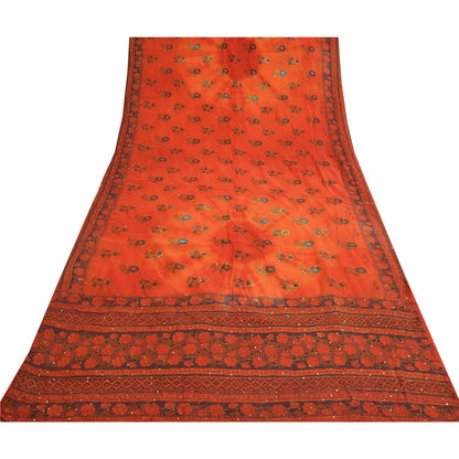 Sanskriti Vintage Sarees Indian Orange Hand Beaded Pure Crepe Sari Craft Sustainable Fabric