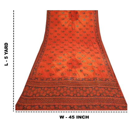 Sanskriti Vintage Sarees Indian Orange Hand Beaded Pure Crepe Sari Craft Sustainable Fabric