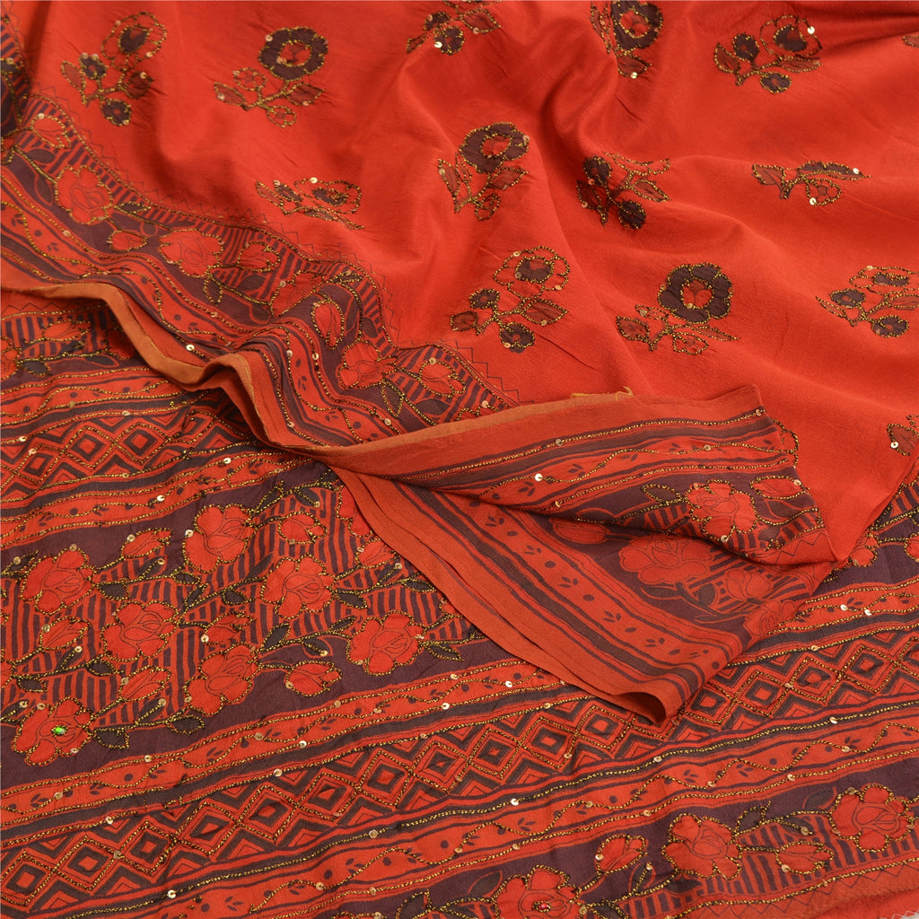 Sanskriti Vintage Sarees Indian Orange Hand Beaded Pure Crepe Sari Craft Sustainable Fabric