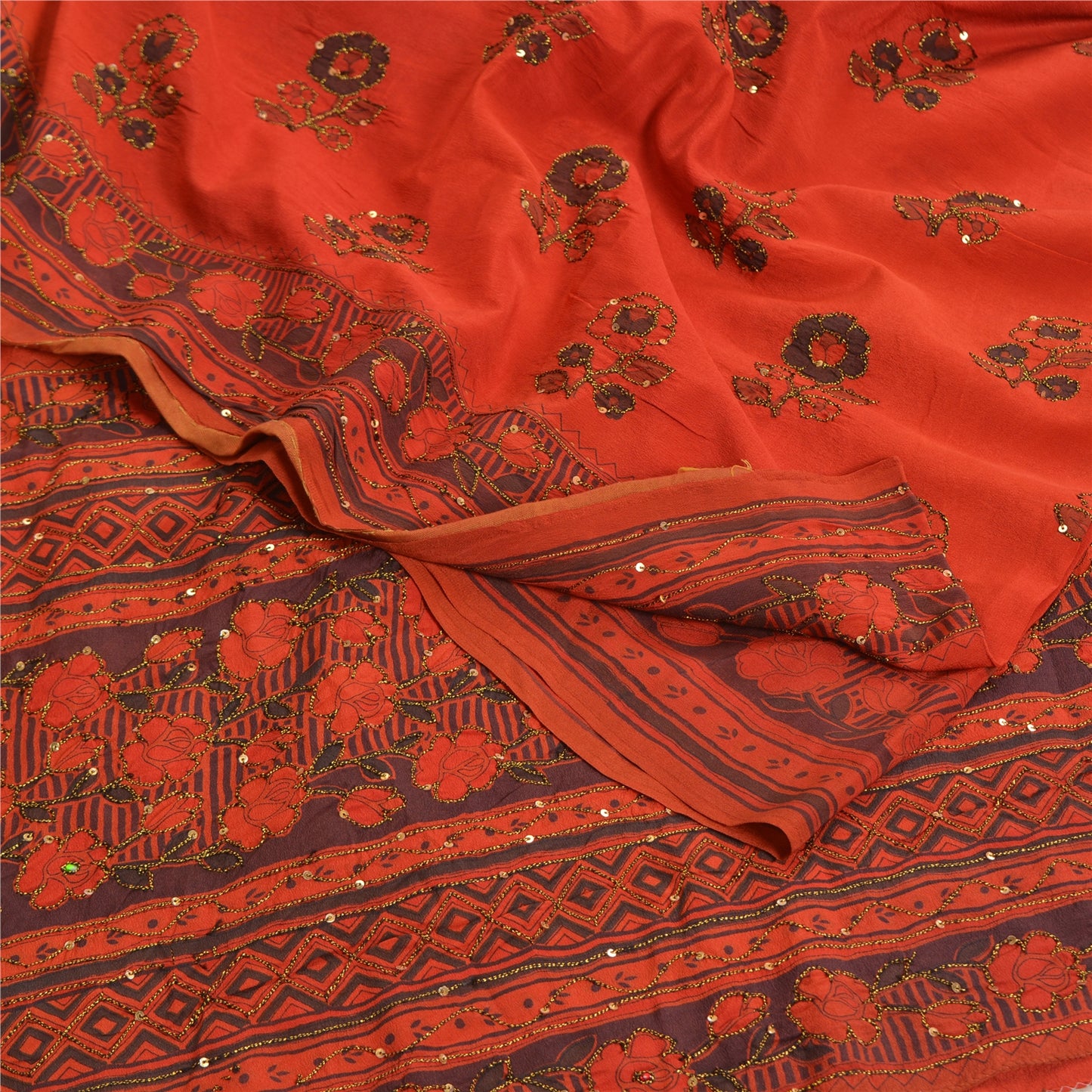 Sanskriti Vintage Sarees Indian Orange Hand Beaded Pure Crepe Sari Craft Sustainable Fabric