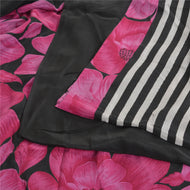 Sanskriti Vintage Sarees Black/Pink Pure Crepe Silk Printed Sari Craft Fabric