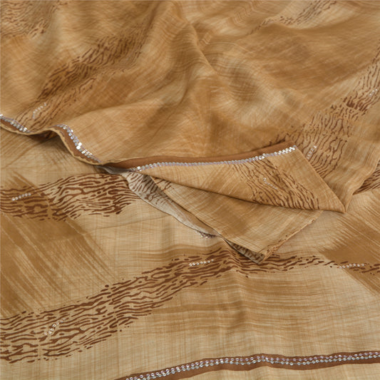 Sanskriti Vintage Sarees Unique Brown Pure Crepe Hand Beaded Printed Sari Sustainable Fabric