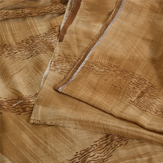 Sanskriti Vintage Sarees Unique Brown Pure Crepe Hand Beaded Printed Sari Sustainable Fabric