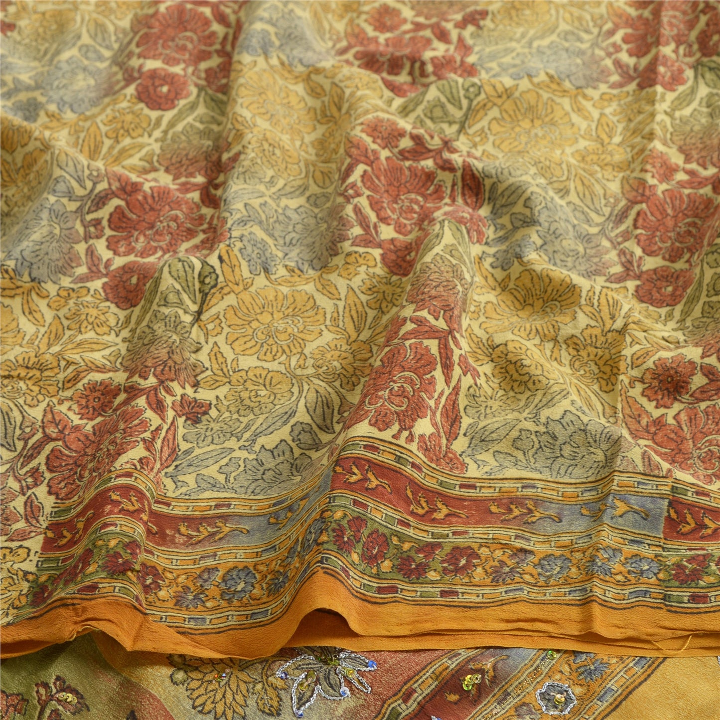 Sanskriti Vintage Sarees Multi Hand Beaded Printed Pure Crepe Sari Craft Sustainable Fabric