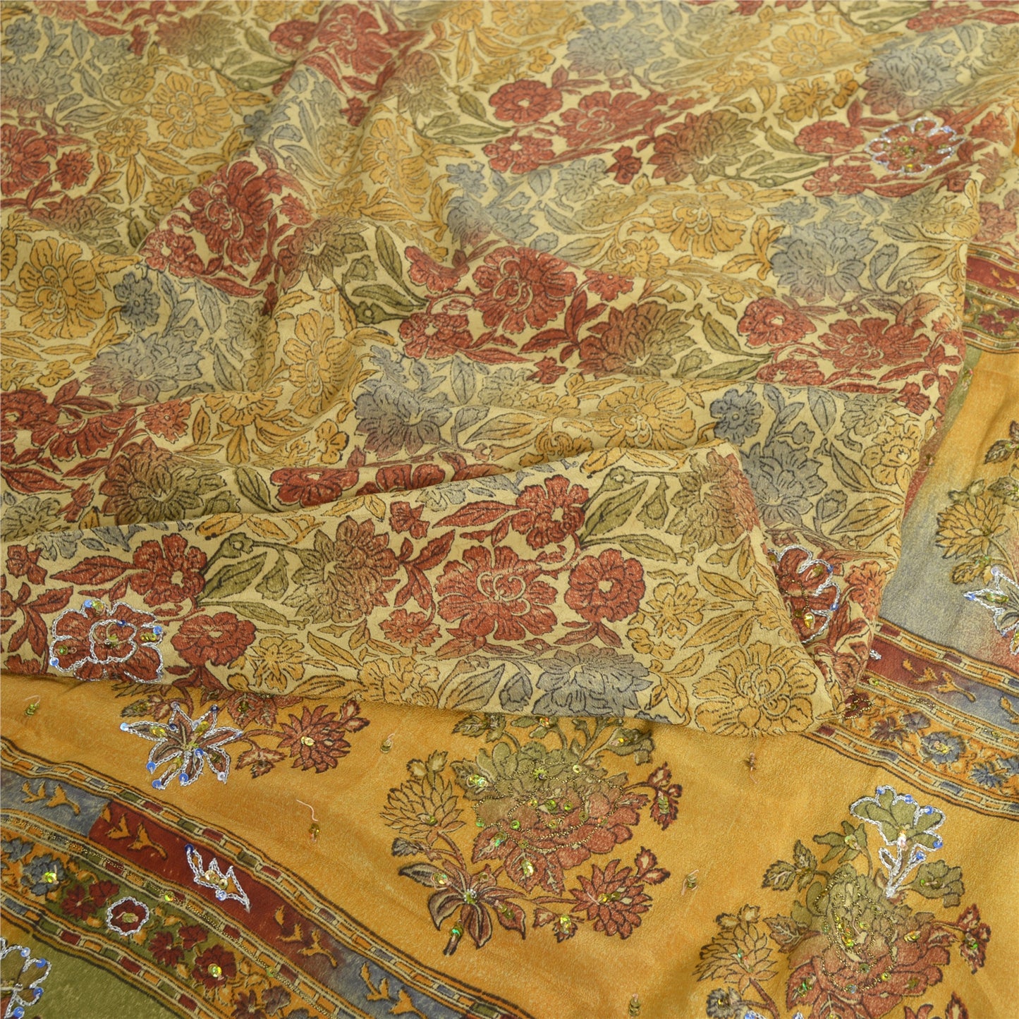 Sanskriti Vintage Sarees Multi Hand Beaded Printed Pure Crepe Sari Craft Sustainable Fabric