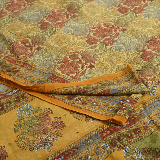 Sanskriti Vintage Sarees Multi Hand Beaded Printed Pure Crepe Sari Craft Sustainable Fabric