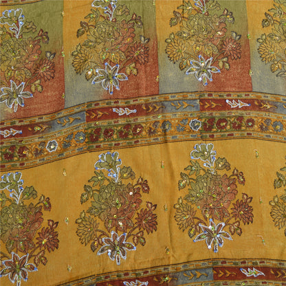 Sanskriti Vintage Sarees Multi Hand Beaded Printed Pure Crepe Sari Craft Sustainable Fabric