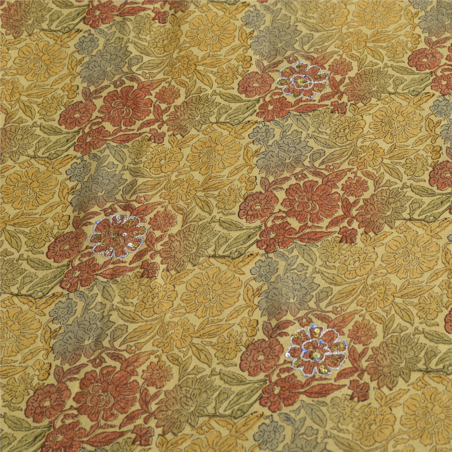 Sanskriti Vintage Sarees Multi Hand Beaded Printed Pure Crepe Sari Craft Sustainable Fabric