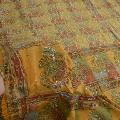 Sanskriti Vintage Sarees Multi Hand Beaded Printed Pure Crepe Sari Craft Sustainable Fabric
