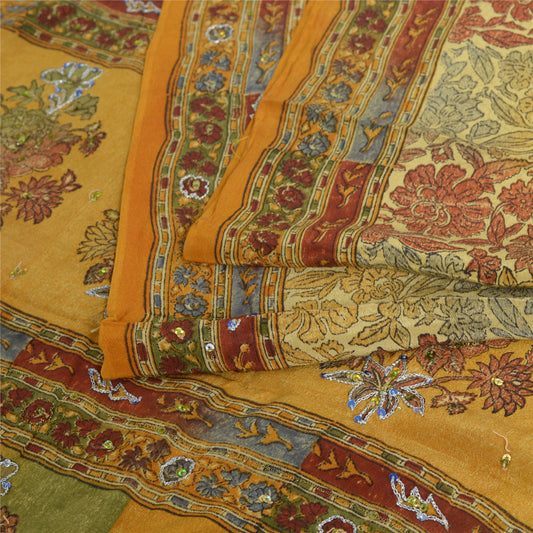 Sanskriti Vintage Sarees Multi Hand Beaded Printed Pure Crepe Sari Craft Sustainable Fabric