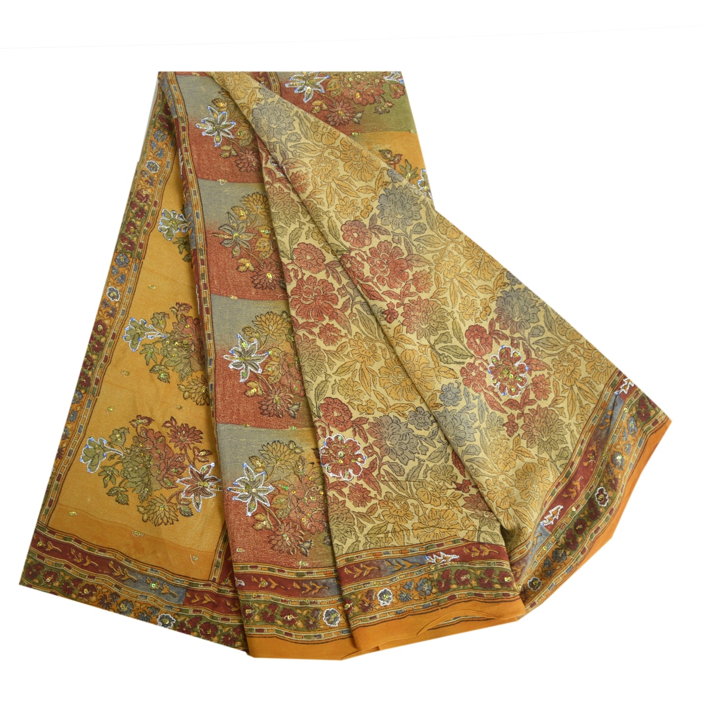 Sanskriti Vintage Sarees Multi Hand Beaded Printed Pure Crepe Sari Craft Sustainable Fabric