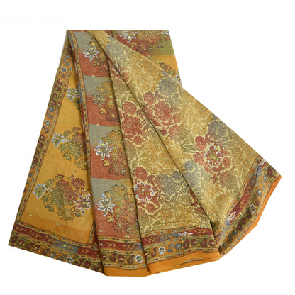 Sanskriti Vintage Sarees Multi Hand Beaded Printed Pure Crepe Sari Craft Sustainable Fabric