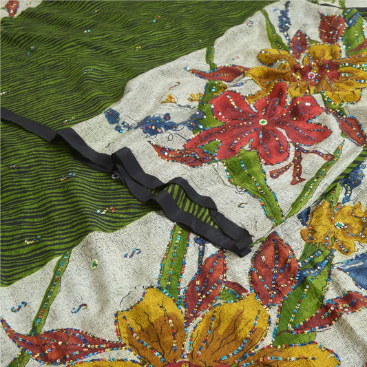 Sanskriti Vintage Sarees Green/Ivory Hand Beaded Printed Pure Crepe Sari Sustainable Fabric