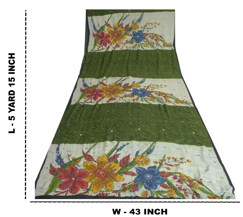 Сари Sanskriti Vintage Sarees Green/Ivory, расшитые вручную бисером, из чистого крепа, устойчивая ткань