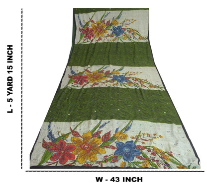 Сари Sanskriti Vintage Sarees Green/Ivory, расшитые вручную бисером, из чистого крепа, устойчивая ткань