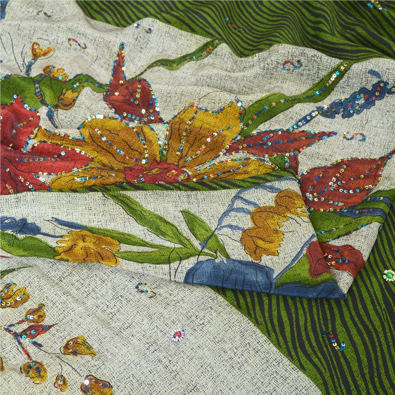 Сари Sanskriti Vintage Sarees Green/Ivory, расшитые вручную бисером, из чистого крепа, устойчивая ткань