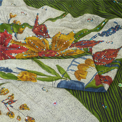 Сари Sanskriti Vintage Sarees Green/Ivory, расшитые вручную бисером, из чистого крепа, устойчивая ткань