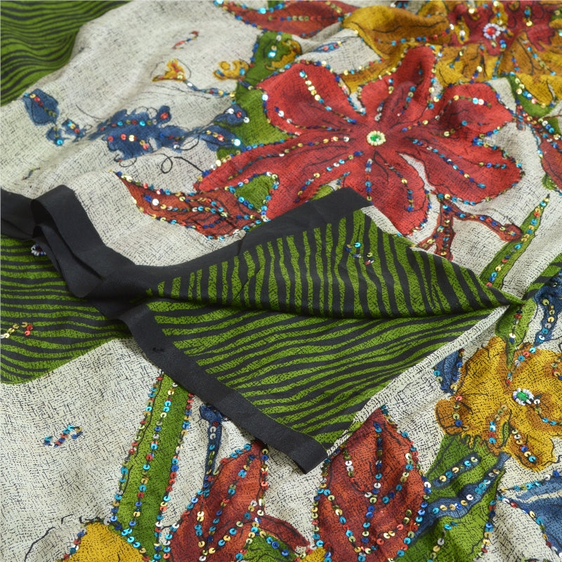 Сари Sanskriti Vintage Sarees Green/Ivory, расшитые вручную бисером, из чистого крепа, устойчивая ткань