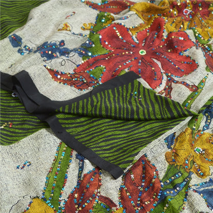 Сари Sanskriti Vintage Sarees Green/Ivory, расшитые вручную бисером, из чистого крепа, устойчивая ткань