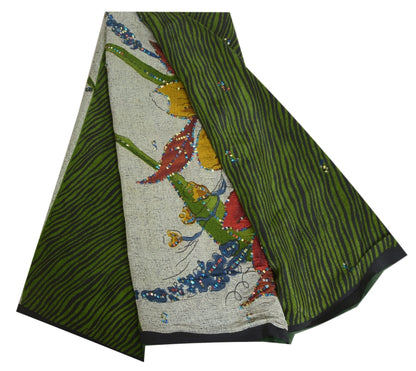 Сари Sanskriti Vintage Sarees Green/Ivory, расшитые вручную бисером, из чистого крепа, устойчивая ткань