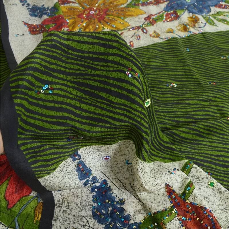 Сари Sanskriti Vintage Sarees Green/Ivory, расшитые вручную бисером, из чистого крепа, устойчивая ткань