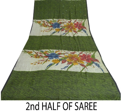 Сари Sanskriti Vintage Sarees Green/Ivory, расшитые вручную бисером, из чистого крепа, устойчивая ткань