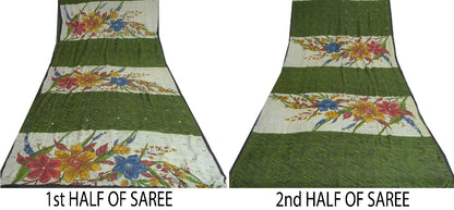 Сари Sanskriti Vintage Sarees Green/Ivory, расшитые вручную бисером, из чистого крепа, устойчивая ткань