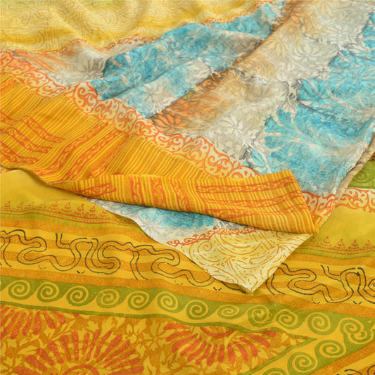Sanskriti Vintage Sarees Yellow Pure Crepe Silk Printed Sari Floral Craft Sustainable Fabric
