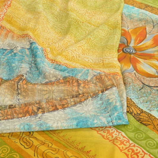 Sanskriti Vintage Sarees Yellow Pure Crepe Silk Printed Sari Floral Craft Sustainable Fabric