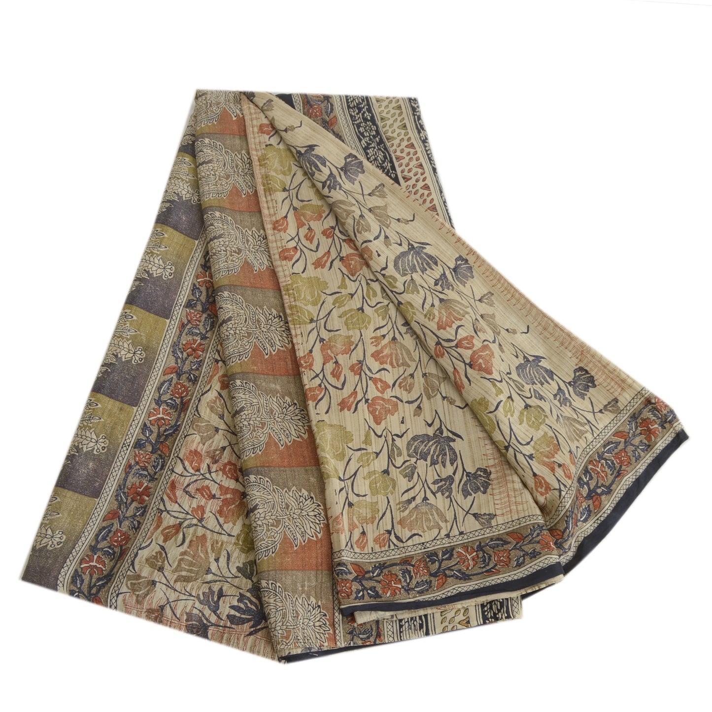 Sanskriti Vintage Sarees Ivory Pure Crepe Silk Printed Sari Floral Craft Sustainable Fabric