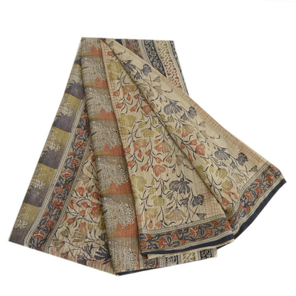Sanskriti Vintage Sarees Ivory Pure Crepe Silk Printed Sari Floral Craft Sustainable Fabric