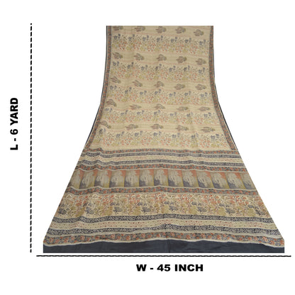 Sanskriti Vintage Sarees Ivory Pure Crepe Silk Printed Sari Floral Craft Sustainable Fabric