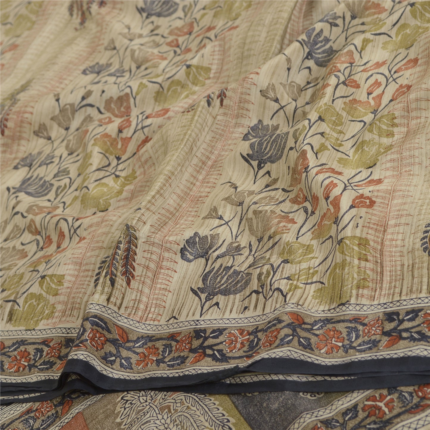 Sanskriti Vintage Sarees Ivory Pure Crepe Silk Printed Sari Floral Craft Sustainable Fabric