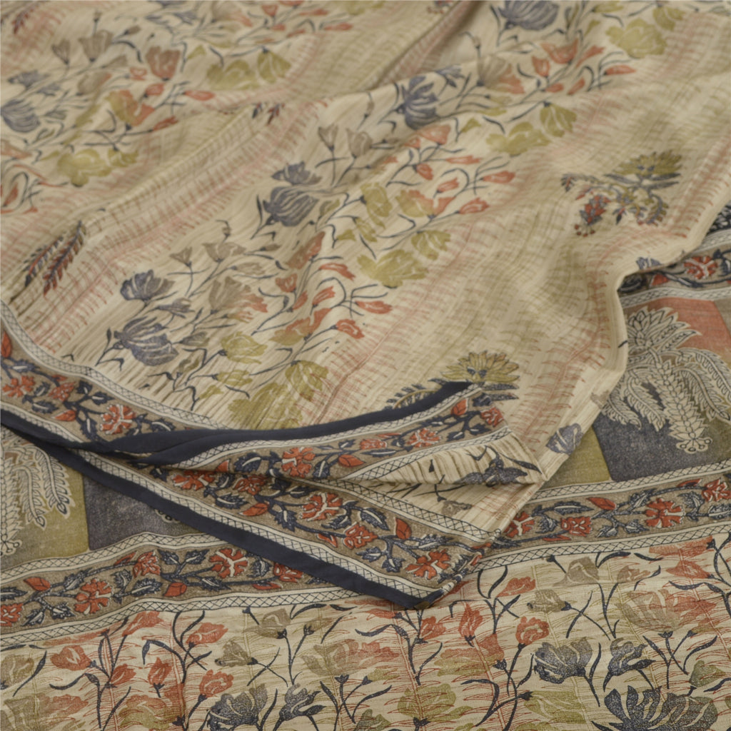 Sanskriti Vintage Sarees Ivory Pure Crepe Silk Printed Sari Floral Craft Sustainable Fabric