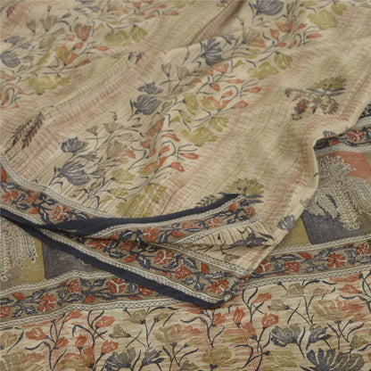Sanskriti Vintage Sarees Ivory Pure Crepe Silk Printed Sari Floral Craft Sustainable Fabric