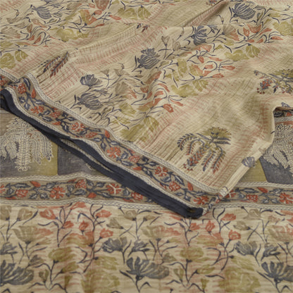 Sanskriti Vintage Sarees Ivory Pure Crepe Silk Printed Sari Floral Craft Sustainable Fabric