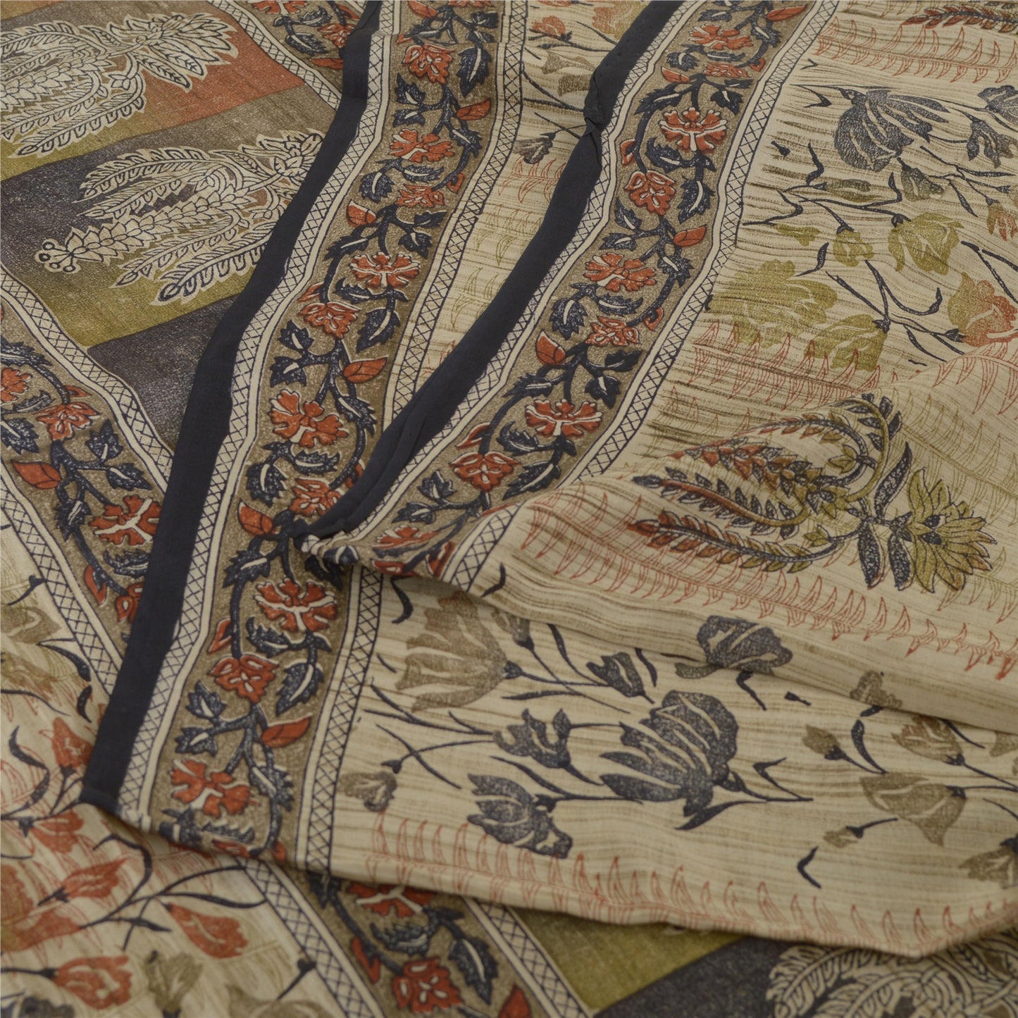 Sanskriti Vintage Sarees Ivory Pure Crepe Silk Printed Sari Floral Craft Sustainable Fabric