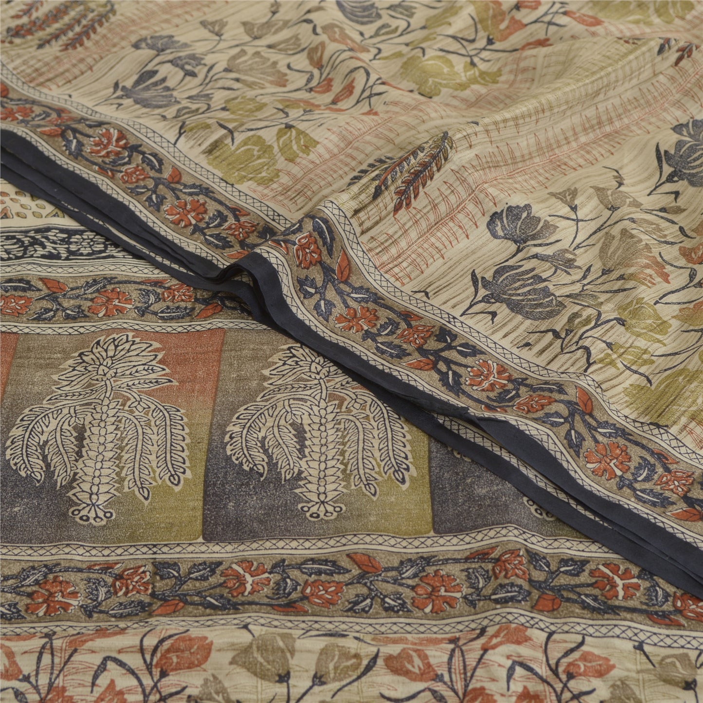 Sanskriti Vintage Sarees Ivory Pure Crepe Silk Printed Sari Floral Craft Sustainable Fabric