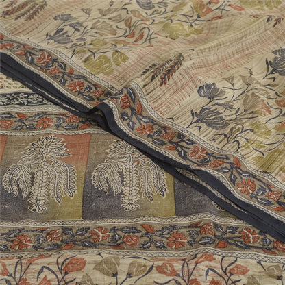 Sanskriti Vintage Sarees Ivory Pure Crepe Silk Printed Sari Floral Craft Sustainable Fabric