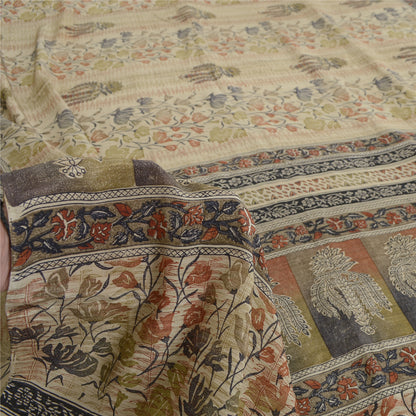 Sanskriti Vintage Sarees Ivory Pure Crepe Silk Printed Sari Floral Craft Sustainable Fabric