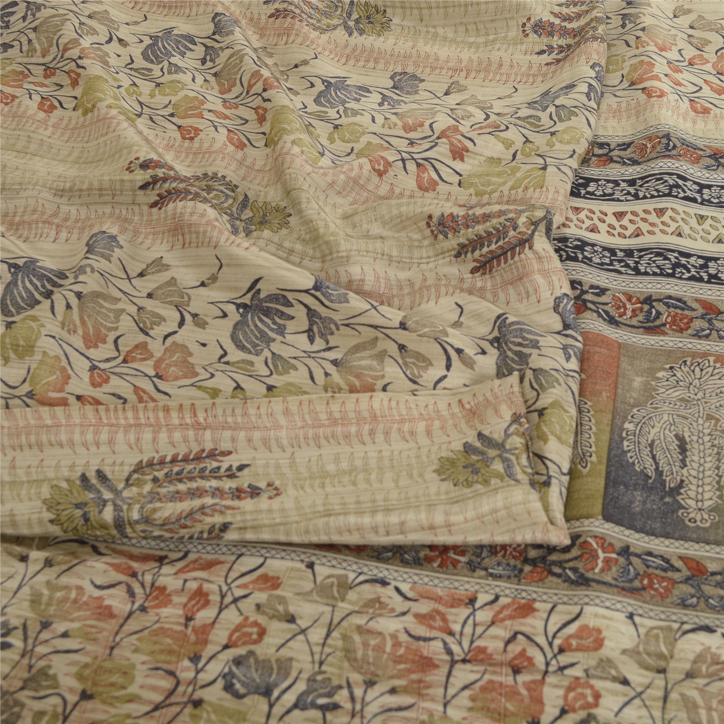 Sanskriti Vintage Sarees Ivory Pure Crepe Silk Printed Sari Floral Craft Sustainable Fabric