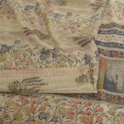 Sanskriti Vintage Sarees Ivory Pure Crepe Silk Printed Sari Floral Craft Sustainable Fabric