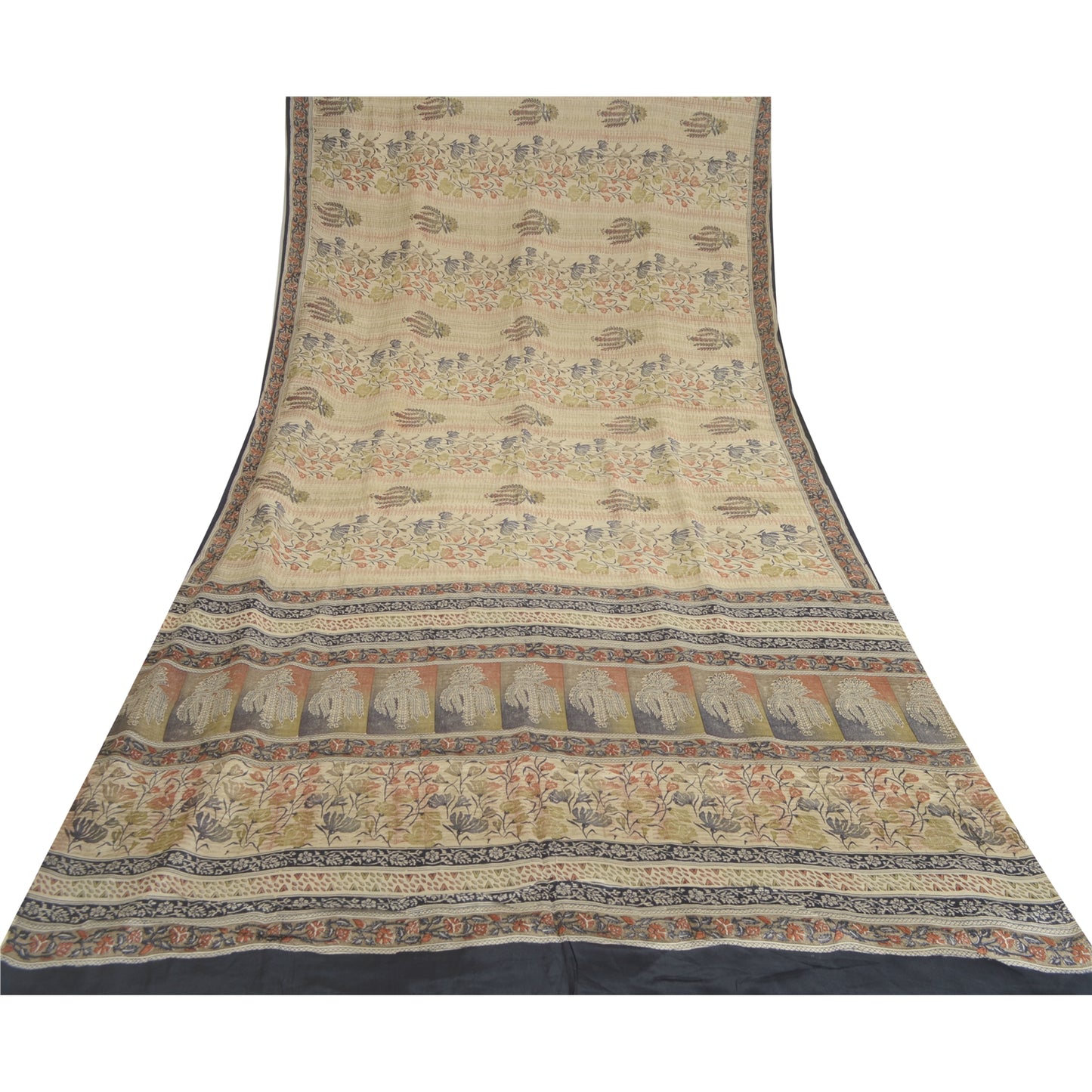 Sanskriti Vintage Sarees Ivory Pure Crepe Silk Printed Sari Floral Craft Sustainable Fabric