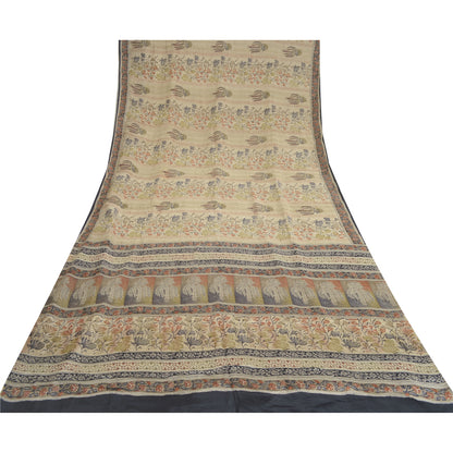 Sanskriti Vintage Sarees Ivory Pure Crepe Silk Printed Sari Floral Craft Sustainable Fabric
