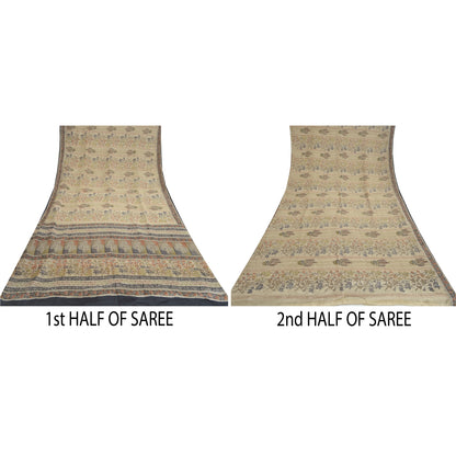 Sanskriti Vintage Sarees Ivory Pure Crepe Silk Printed Sari Floral Craft Sustainable Fabric